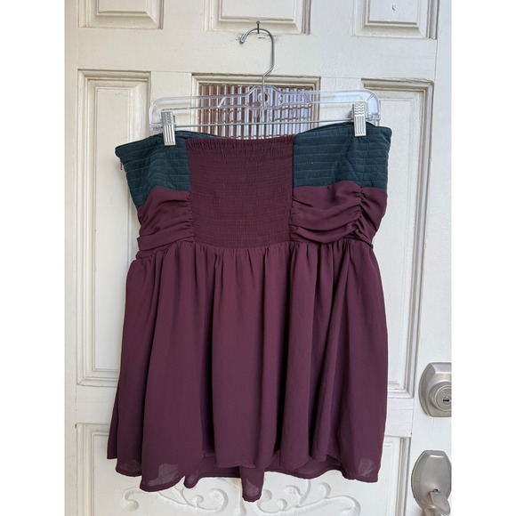 Maeve Anthropologie Strapless Top Navy Blue Burgundy Corduroy Chiffon Size 14 - Picture 2 of 8